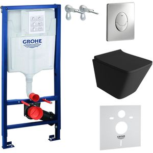 Inbouwreservoir Complete Toiletset Grohe Solido 39069000 - Inbouw WC Hangtoilet Wandcloset Lago Black - Bedieningsplaat Skate Air Chroom - Voorwandelement - Installatiesysteem