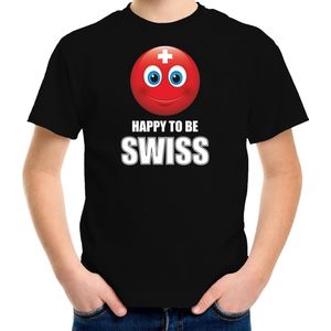 Zwitserland Happy to be Swiss landen t-shirt met emoticon - zwart - kinderen - Zwitserland landen shirt met Zwitserse vlag - EK / WK / Olympische spelen outfit / kleding 122/128