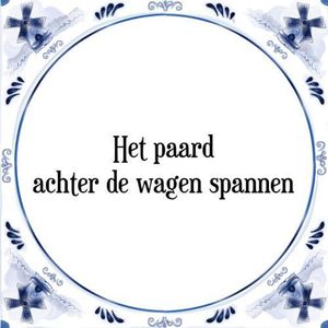 Tegeltje met Spreuk (Tegeltjeswijsheid): Het paard achter de wagen spannen + Kado verpakking & Plakhanger