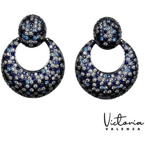 Victoria Valenza Saint-Tropez Luxe Oorbellen Dames Messing Oorhangers Dames Oorringen - Blauwe Steen - Kleur Zwart - 1 Paar