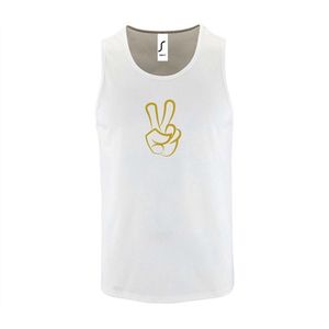 Witte Tanktop sportshirt met ""Peace / Vrede teken"" Print Goud Size M