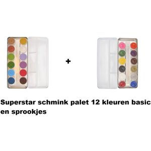 2x Superstar schmink palet 12 kleuren basic en sprookjes schmink pallet spons kwast schminken palets