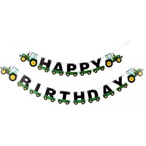 Originele Slinger Happy Birthday Boerderij / Traktor en Kar – Vlag – Versiering – Banner – Guirlande - Traktor / Tractor | Geel - Groen - Zwart | Auto's – Bouwen | Verjaardag – Feest – Party – Birthday – Babyshower - Kinderverjaardag | Kids – Jongen