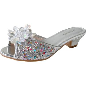 Prinsessen slipper schoenen zilver glitter met hakje maat 28 - binnenmaat 18 cm - bij verkleedkleren - kinderschoenen - meisje