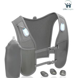 LifeStages - Hardloopvest Drinken - Reflecterend LED Drinkvest - Waterfleshouder - Verstelbaar - Lichtgewicht Vest - 500ml - Waterfles voor Wandelen, Trail Running, Marathon - (Grijs)
