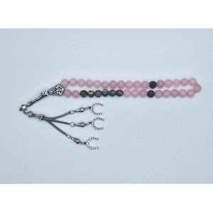 Handgemaakte naam tasbih 33 Kralen Natuursteen “Roze kwartz” - met metaal tassel “Hoefijzer""- Met je naam of de naam van uw geliefde- 8 mm diameter van de korrel