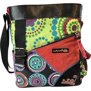 Etnische katoenen tas met kleurrijke prints en leren inzetstukken, Boho hippie schoudertas voor kleurrijke Indiase etnische vrouwen (zwart)
