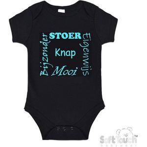 100% katoenen Romper ""Stoer Eigenwijs Mooi Bijzonder Knap"" Unisex Katoen Zwart/aquablauw Maat 62/68