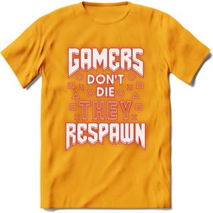 Gamers don't die T-shirt | Neon Rood | Gaming kleding | Grappig game verjaardag cadeau shirt Heren – Dames – Unisex | - Geel - XL