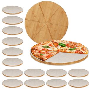 Relaxdays 16x Pizzaplank bamboe - rond - serveerplank- 33 cm - bakpapier - pizzabord - set