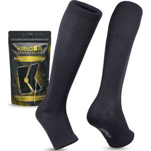 KANGKA® Compressiekousen met Open Teen Maat M - Compressie Sokken - Steunkousen voor Hardlopen, Wandelen, Vliegtuig - Unisex - Zwart