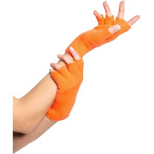 Partychimp Voordeelverpaking 6 Stuks Vingerloze Handschoenen voor bij Carnavalskleding Dames WK Carnaval Accessoires Verkleedkleren Volwassenen - Neon Oranje- Katoen/Polyamide/Elastaan - 6 Paar – One-Size