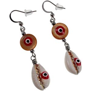 60mm Lange Oorbellen Dames - RVS - Haakoorbellen met Bruine Schelp Versierd met Rode Turkse Oog - Handgemaakt