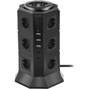 Toren Elektrische Overspanningsbeveiliging Met 12 Stopcontacten En 2 USB-C + 3 USB-A, Meerdere Stopcontacten 2500W/10A Met 2 Schakelaars Voor Home Office Overspanningsbeveiliging, 2M Snoer