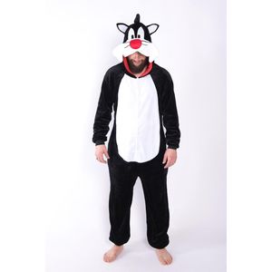 LET OP B-KEUZE! KIMU Onesie Sylvester Pak Kostuum - Maat M-L - Zwart Wit Poes Kattenpak Jumpsuit Huispak Kat Volwassenen Dames Heren Fleece Festival