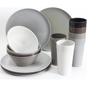 18 Stuks Plastic Servies Set - Vaatwerk Tafelgerei - Grote Kom 1000ML - 25CM Borden - 600ML Bekers (Urban)