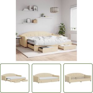 The Living Store Slaapbank met onderschuifbed en lades 90x200 cm stof crèmekleur - Slaapbank - Sofa Bed - Tweepersoons Bed - Crème Kleurtje - Onderbed