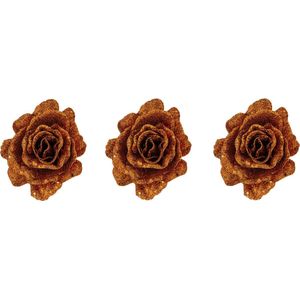 3x stuks decoratie bloemen roos koper glitter op clip 10 cm - Decoratiebloemen/kerstboomversiering/kerstversiering