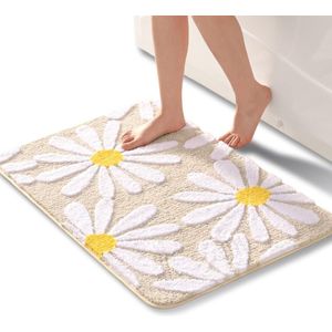 Beige badkamertapijt, schattige madeliefjes, badmat, antislip, wasbaar, witte en gele bloemen, zachte microvezel, douchemat, absorberend, badkamertapijt, 60 x 90 cm