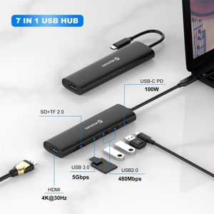 Swissten Compacte USB-C Splitter Hub – 7 in 1 - USB-C 100W, HDMI 4K, 1x USB-A 3.0, 2x USB-A 2.0, SD, MICRO SD