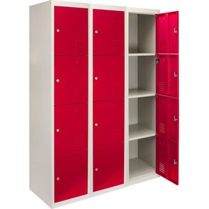 3 x Lockerkast Metaal - Rood - Vierdeurs - Per unit: 38cm(b)x45cm(d)x180cm(h) - Flatpack - Ventilatie -  2 GRATIS magneten - 2 Sleutels per slot - lockers kluisjes