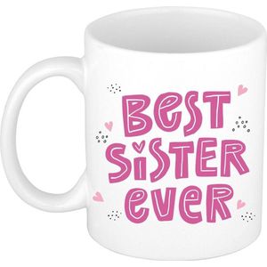 Best sister ever mok wit met roze letters en hartjes - 300 ml - cadeau beker voor zus / zusje