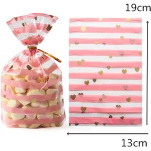 Jumada's - 50x Transparante Zakjes Roze Gestreept - Uitdeelzakjes met Sluitstrips - Hartvormige Uitdeelzakjes voor Snoep - Uitdeelzakjes voor een Kinderfeest - Roze Zakjes met Gouden Hartjes