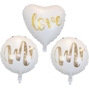 Bruiloft Decoratie Helium Ballonnen Mr & Mr Huwelijk Versiering Feest Versiering Wit & Goud Met Rietje 40 Cm – 3 Stuks