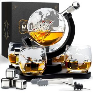 Whisiskey Whiskey Karaf - Wereldbol - Whisky Karaf Set - Whiskey Set - 0,9 L - Decanteer Karaf - Incl. 4 RVS Whiskey Stones, Schenktuit en 4 Whiskey Glazen - Peaky Blinders - Cadeau