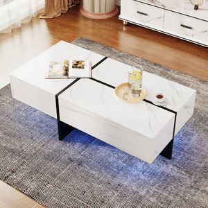 Hoogglans salontafel, structuur van wit imitatiemarmer en bijpassende tafel in zwart, woonkamermeubel, 100*50*34,5cm, met app-gestuurd LED-verlichtingssysteem