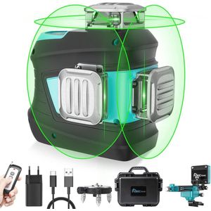Kruislijnlaser met 3 x 360 graden, zelfnivellerend en groen - Bouwlaser met afstandsbediening en magnetische houder