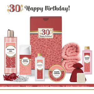 Geschenkset “30 Jaar Happy Birthday!” - 9 producten - 685 gram | Giftset voor haar - Luxe wellness cadeaubox - Cadeau vrouw - Gefeliciteerd - Set Verjaardag - Geschenk jarige - Cadeaupakket moeder - Vriendin - Zus - Verjaardagscadeau - Rood