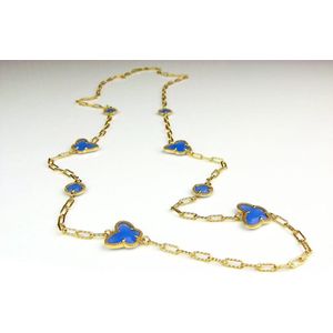 lange zilveren halsketting collier halssnoer geelgoud verguld Model Vlinder en Bol met blauwe stenen