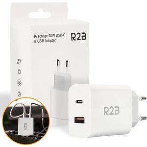 R2B® Krachtige 20W USB A & USB C Adapter - USB-C oplader geschikt voor o.a. iPhone & Samsung - Snellader - USB Stekker - Wit