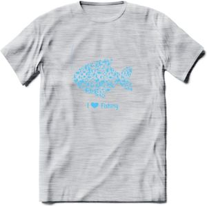 I Love Fishing - Vissen T-Shirt | Blauw | Grappig Verjaardag Vis Hobby Cadeau Shirt | Dames - Heren - Unisex | Tshirt Hengelsport Kleding Kado - Licht Grijs - Gemaleerd - L