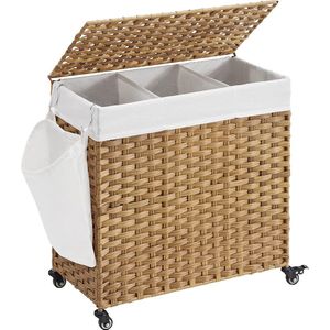 handgeweven, wasverzamelaar, 140 L, gemaakt van polyrattan, met 3 compartimenten, uitneembare zak, deksel, handvaten, voor woonkamer, badkamer, 66 x 33 x 60 cm, kleur naturel LCB363N01