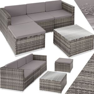 tectake® Wicker loungeset - Tuinmeubelset voor buiten met Bank, Fauteuil, Kruk en Tafel - Variabel Combineerbaar - Weerbestendige Tuinset - Voor 3-4 Personen - Balkonmeubilair - Tuinlounge - Terrasmeubilair - Grijs