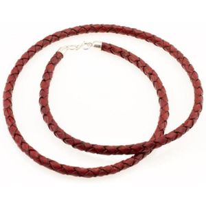 AuBor ®. Gevlochten leren ketting met zilveren sluiting.  Vintage rood/bruin. 4mm × 60cm