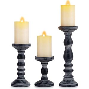Decoratieve houten kaarsenhouder set - rustieke kandelaar voor pijlerkaarsen - open haard mantel decor - boerderijstijl - zwart - 15/21/30cm