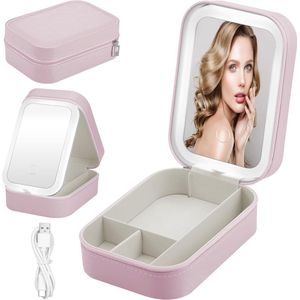 Draagbare Make-uptas met LED Spiegel voor Reizen - Cosmeticakoffer met 3 Kleurmodi, Organizer voor Make-up en Sieraden, Perfect als Cadeau voor Vrouwen
