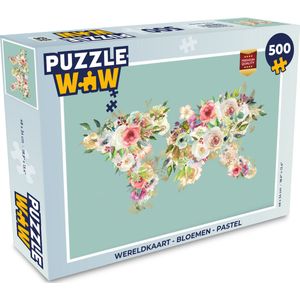 Puzzel Wereldkaart - Bloemen - Pastel - Legpuzzel - Puzzel 500 stukjes