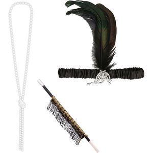 Carnaval verkleed accessoire set - sigarettenhouder/parelketting/hoofdband - charleston/jaren 20 stijl