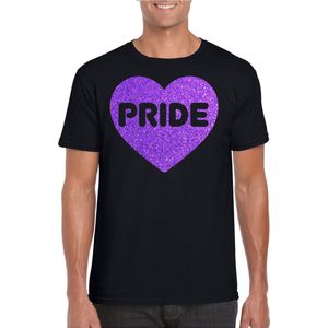 Bellatio Decorations Gay Pride T-shirt voor heren - pride - paars glitter hartje - zwart - LHBTI XXL