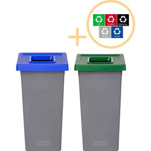 Plafor Fit Bin, Prullenbak voor afvalscheiding - 75L – Set van 2, Blauw/Groen- Inclusief 5-delige Stickerset - Afvalbak voor gemakkelijk Afval Scheiden en Recycling - Afvalemmer - Vuilnisbak voor Huishouden, Keuken en Kantoor - Afvalbakken