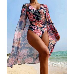 Sexy elegante corrigerende badpak met bloemen met kimono vest maat S