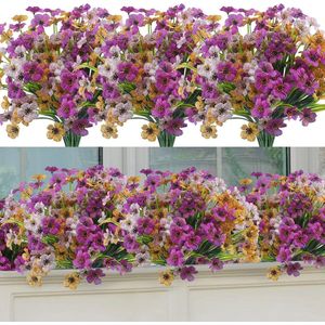 12 stks buiten nep bloemen, uv-bestendige kunstbloemen weerbestendig, plastic boeket bloemstuk, tuin bruiloft raamdecoratie, geel wit paars