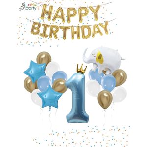 Loha-party®Folie ballon cijfer 1-De 1e verjaardag ballonnen set-De eerste verjaardag-slinger-Olifant-Goud kroon-Blauw cijfer 1-XXL cijfer 1 Ballon-Jongen-Gouden ster-Verjaardag decoratie-Versiering ballonnen-Cijfer balloon met kroon