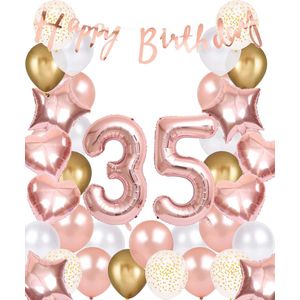 Snoes Ballonnen 35 Jaar Rose Gold White Dots - Compleet Feestpakket met cijfer ballon 35 jaar - Verjaardag Versiering Slinger Happy Birthday – Folieballon – Latex Ballonnen - Helium Ballonnen - Rose Feestpakket