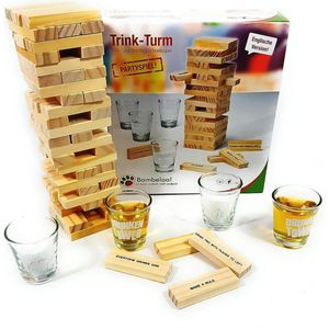 drinkspel gezelschapsspel wackelturm drunken Tower inclusief vier drinkglazen ca. 4 CL