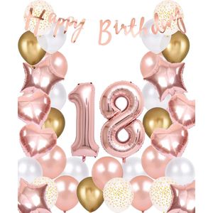 Snoes Ballonnen 18 Jaar Rose Gold White Dots - Compleet Feestpakket met cijfer ballon 18 Jaar - Verjaardag Versiering Slinger Happy Birthday – Folieballon – Latex Ballonnen - Helium Ballonnen - Rose Feestpakket